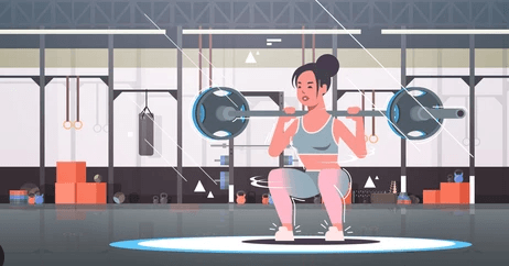 graphic showing a Women in gym clothes squatting with barbell in a gym 